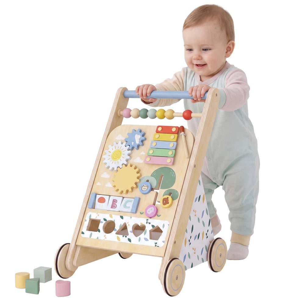 Carrello primi passi in legno naturale per bambini con centro attività e ruote regolabili, robusto e pratico