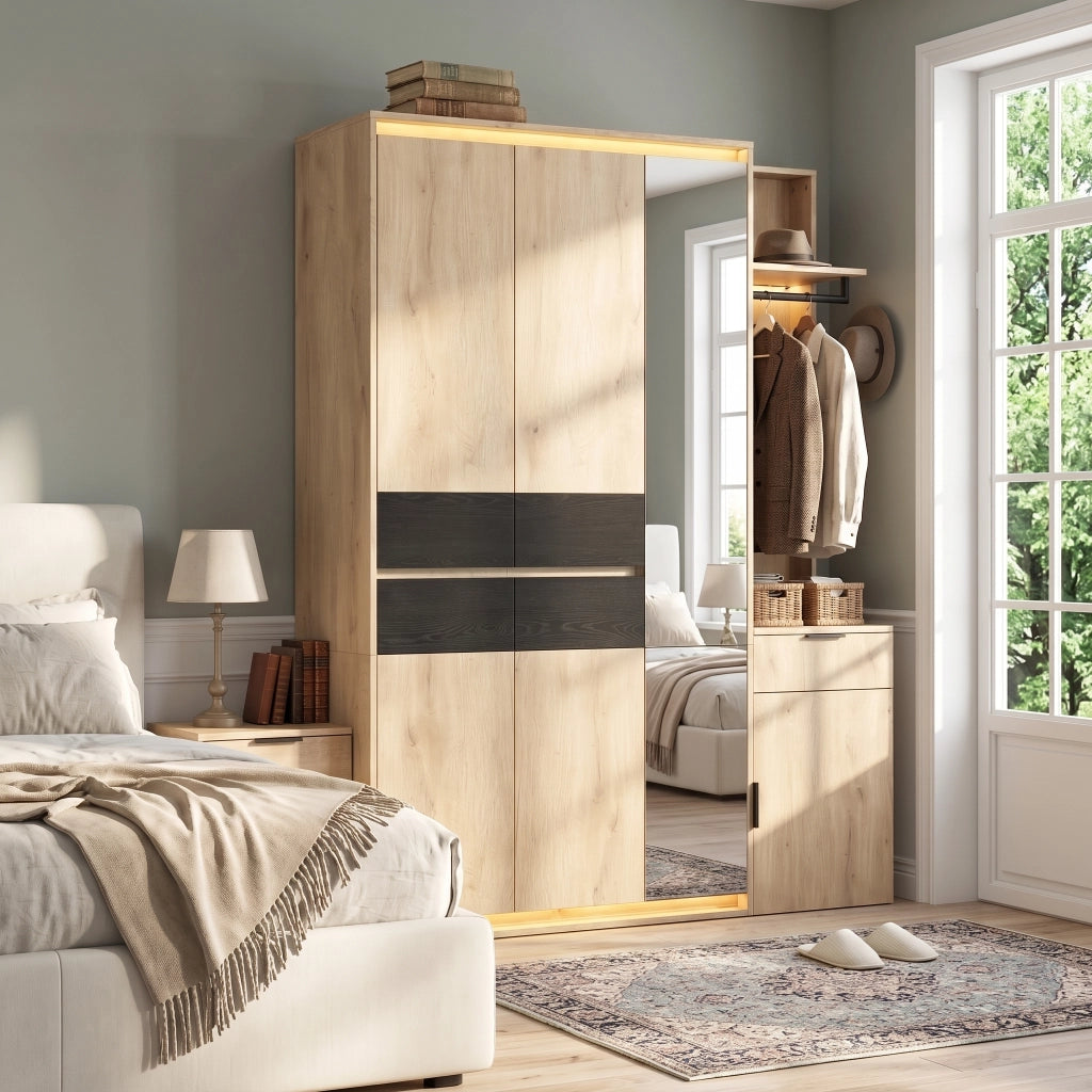 Armadio ingresso con 3 barre appendiabiti, 5 cassetti, specchio e 3 luci LED in MDF rovere 155x47x200 cm
