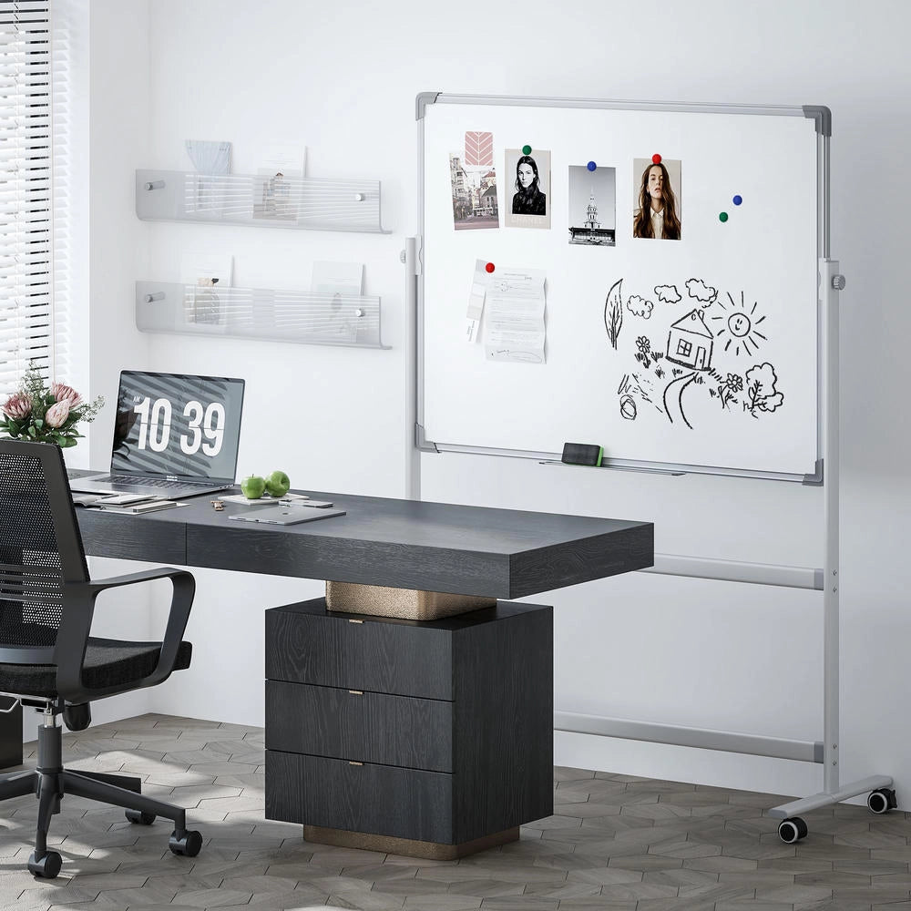 Lavagna magnetica bianca 120 x 90 cm mobile su ruote girevole 360° telaio in metallo per ufficio e casa