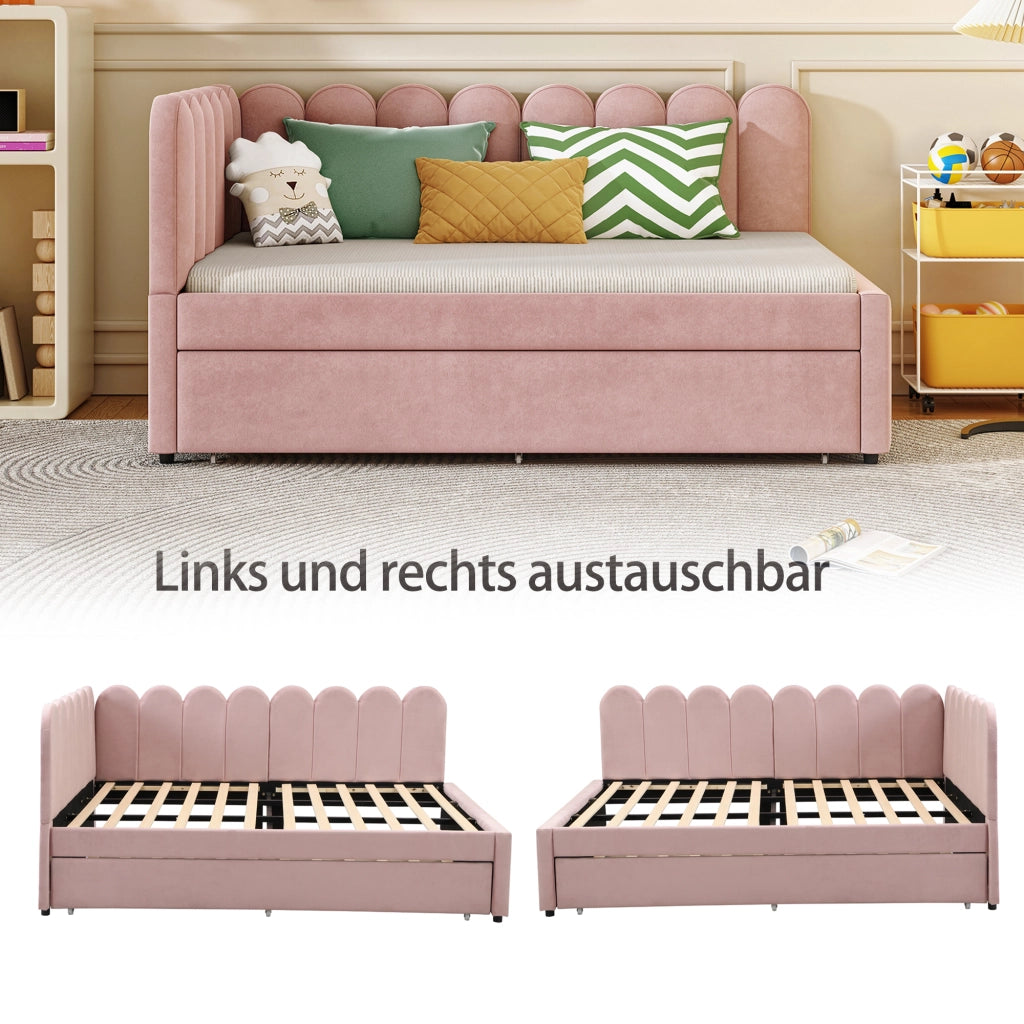Letto estraibile imbottito a L 140 × 200 cm in velluto rosa con schienale a forma di petalo e rete a doghe