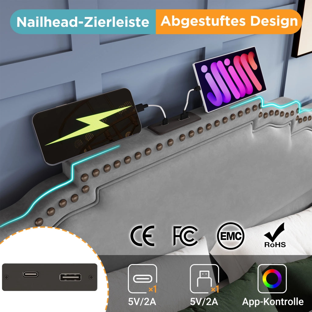 Letto con cassetti 180 ¡Á 200 cm con 4 cassetti LED USB e Type-C rivestito in velluto grigio con rete a doghe