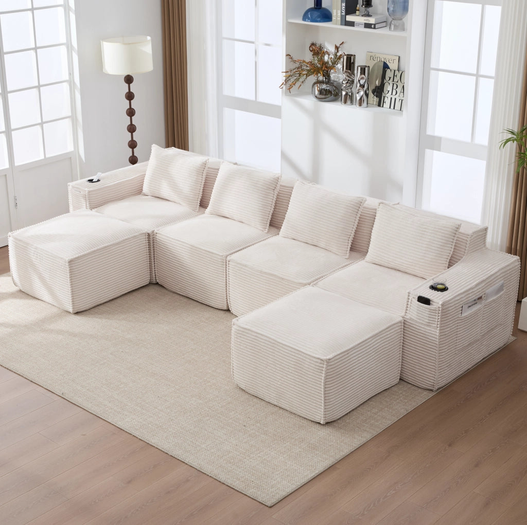 Divano modulare 4 posti 330x162x75 cm con 2 pouf, portabicchieri, tasche laterali e cuscini inclusi in velluto a coste beige