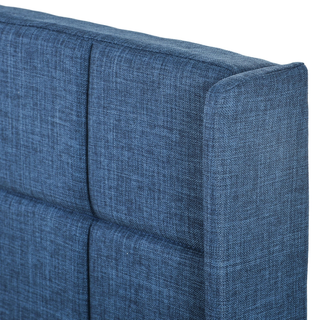 Letto Singolo Moderno con Testiera Imbottita, Rete a Doghe 90x200 cm, Tessuto Blu Lino, Montaggio Incluso, Senza Materasso