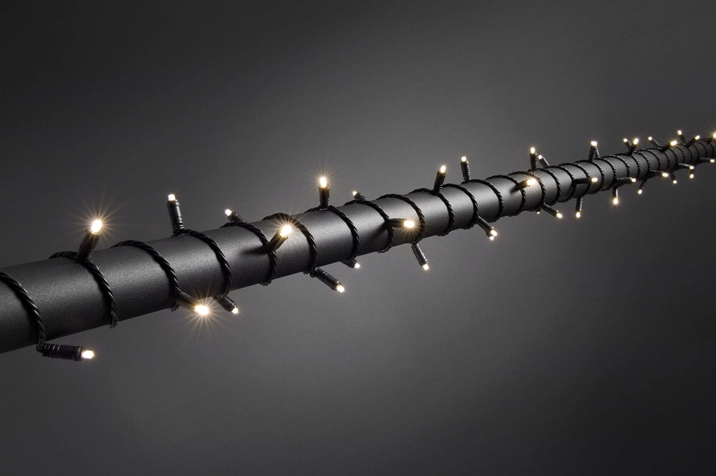Catena luminosa a LED, 120 diodi bianco caldo, grado di protezione IP67, 24V, colore nero, timer a 9 ore