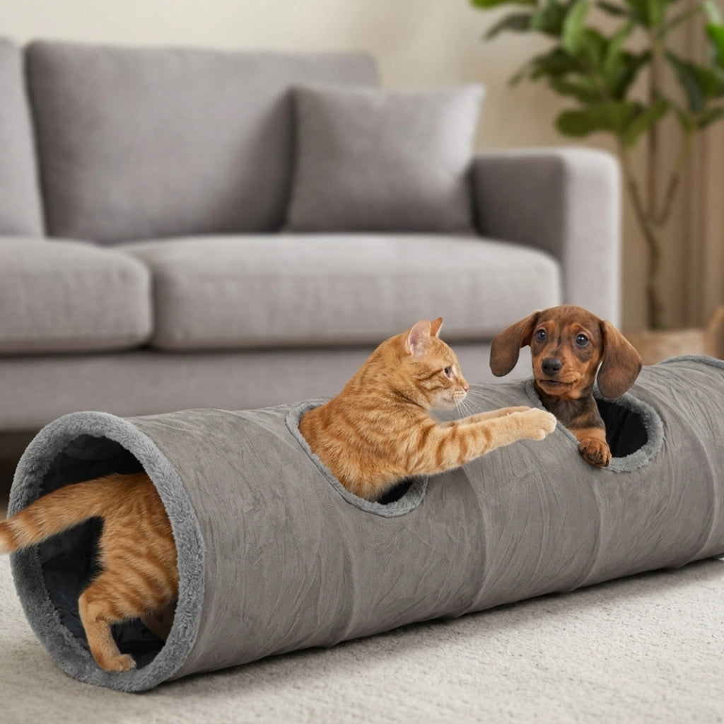 Tunnel pieghevole in peluche per gatti con più aperture e pallina