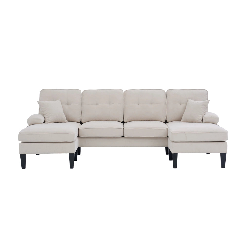 Divano 4 posti a U in lino beige con due chaise longue tasche laterali porte USB e Type C schienale curvo