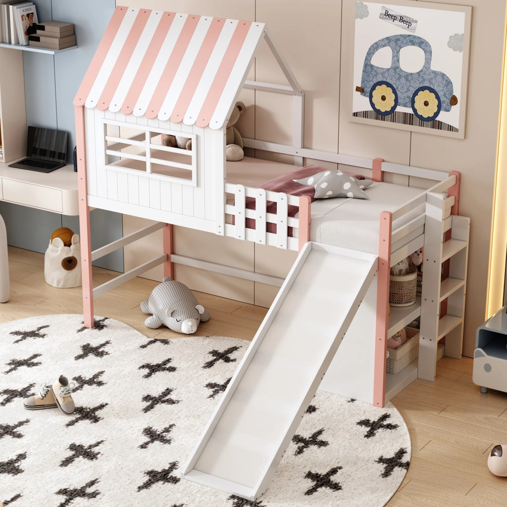 Letto a soppalco per bambini 90 × 200 cm con scivolo lungo scala di sicurezza ripiani in legno pino rosa