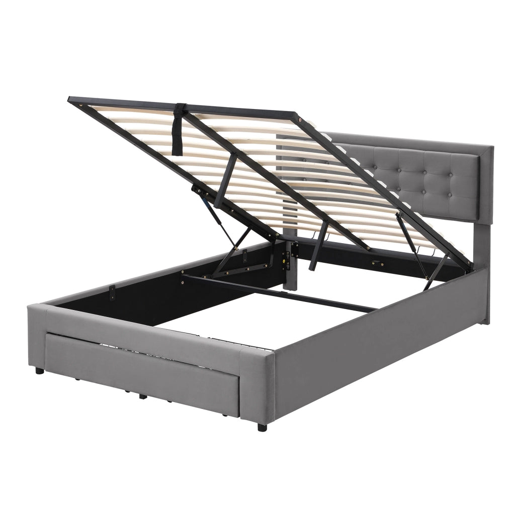 Letto contenitore 140 × 190 cm con testiera regolabile; velluto grigio