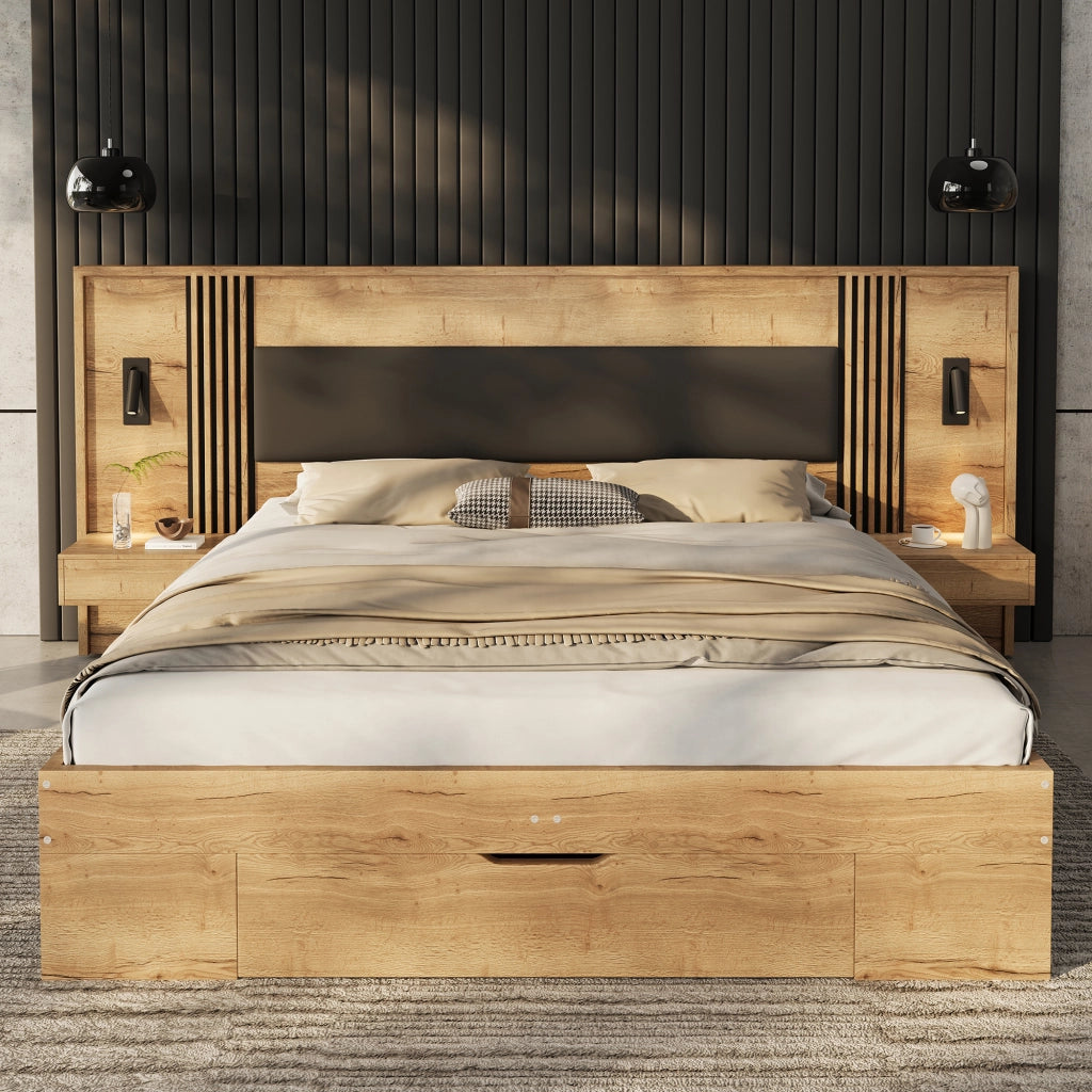 Letto matrimoniale 160x200 cm in MDF color naturale; con contenitore; comodini integrati e lampade da lettura