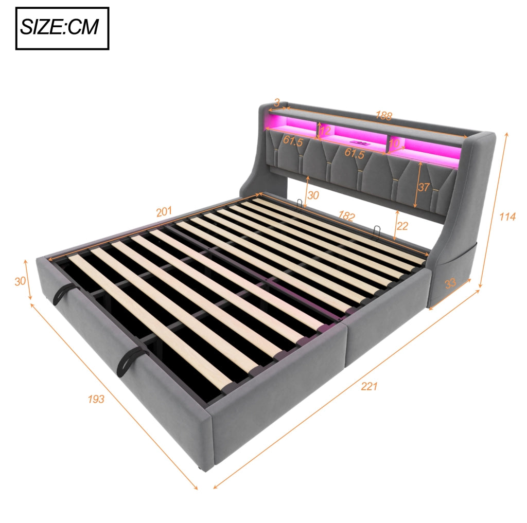 Letto matrimoniale 180x200 cm con contenitore idraulico; LED e prese USB-C; grigio