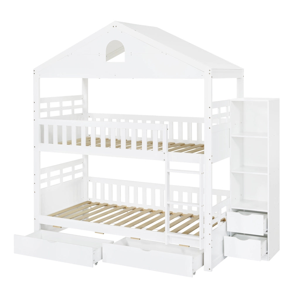 Letto a castello a casetta 90x200 cm bianco con contenitore
