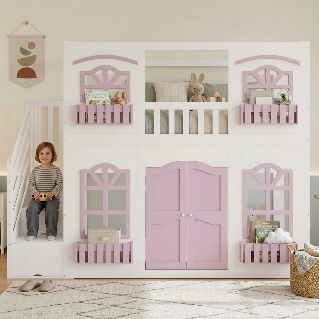 Letto a soppalco per bambini 90 x 200 cm in legno; bianco e rosa; scala contenitore e area giochi