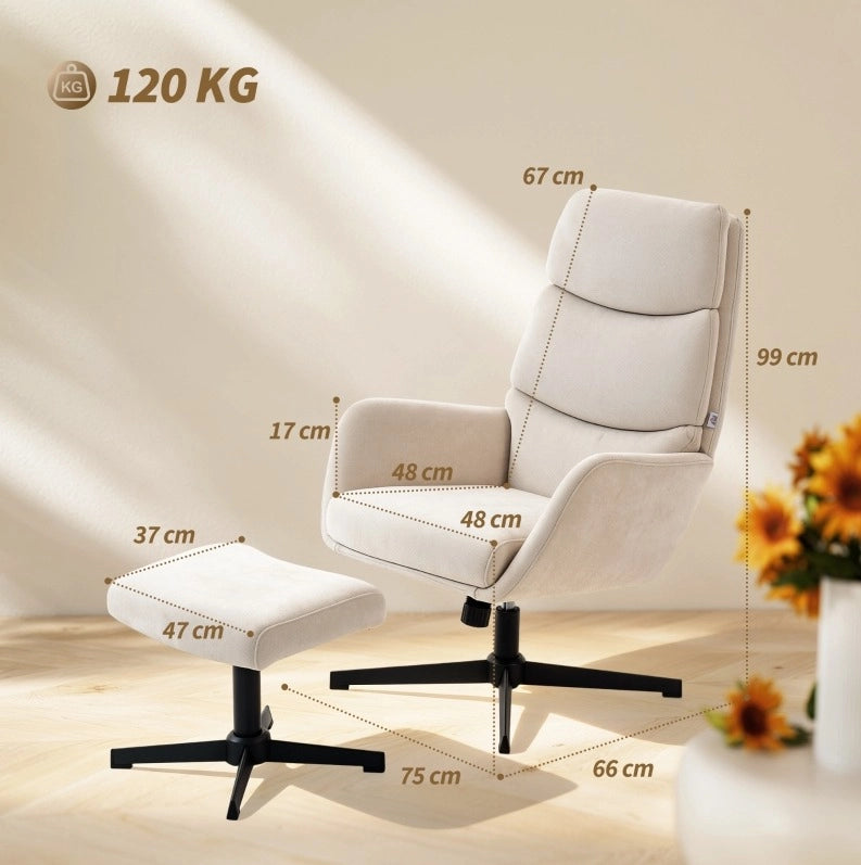 Poltrona relax beige con poggiapiedi, schienale alto e base in metallo