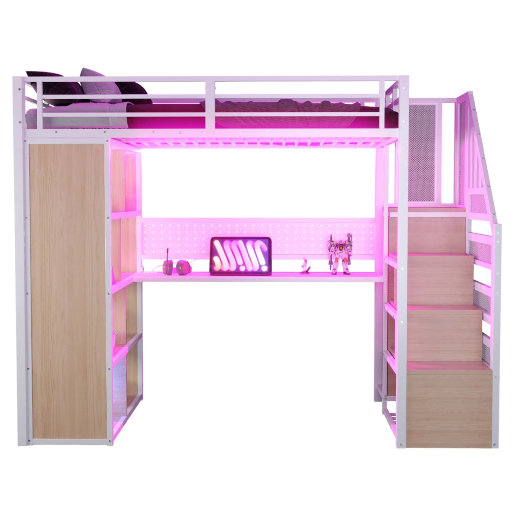 Letto a soppalco in metallo 90x200 cm con armadio, scrivania e scaletta, bianco