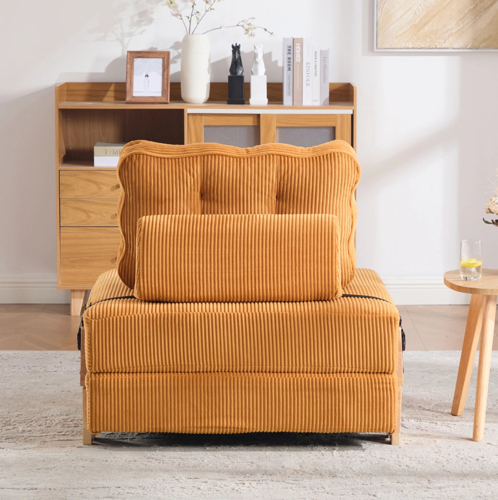 Poltrona letto pieghevole in velluto a coste arancione con struttura in legno