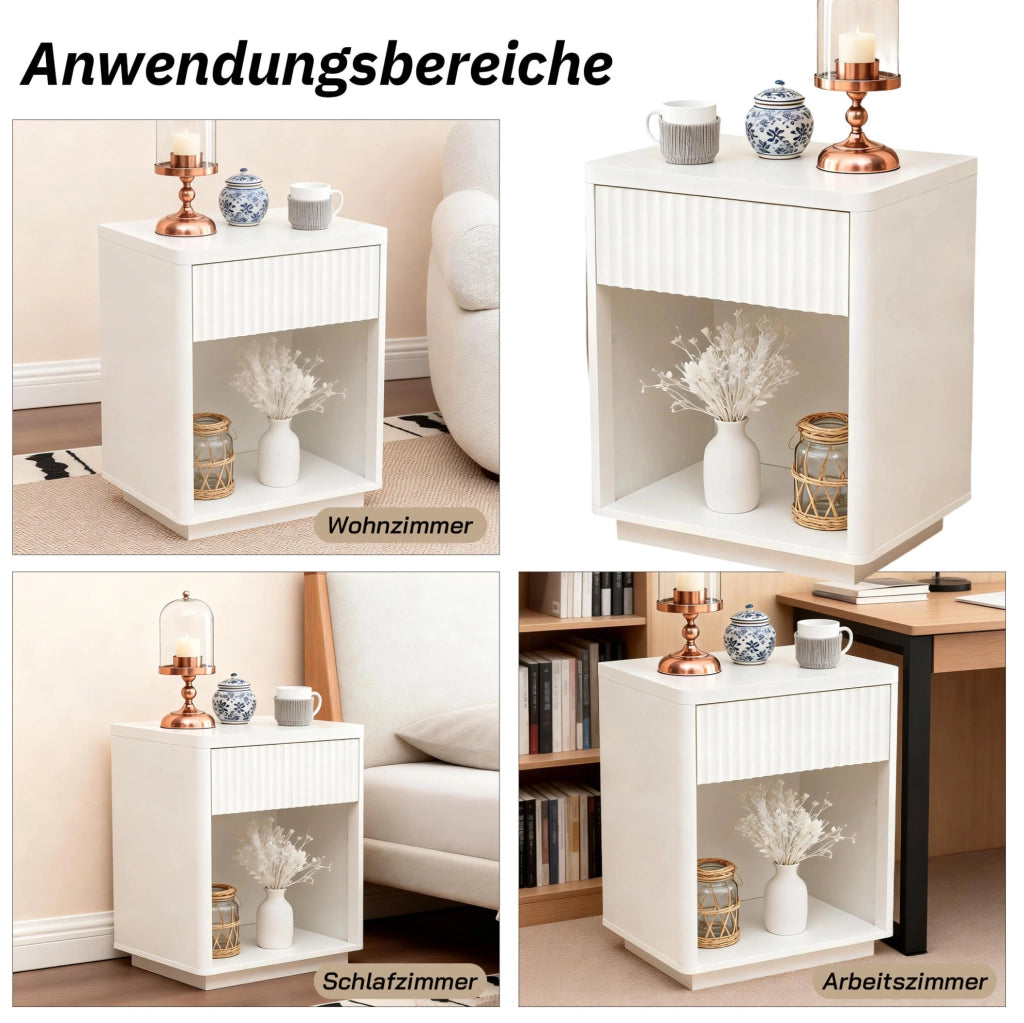 Comodino con Cassetto e Ripiano Aperto in Legno, Design Moderno con Pannello a Increspatura, 63,5x38x46,5 cm