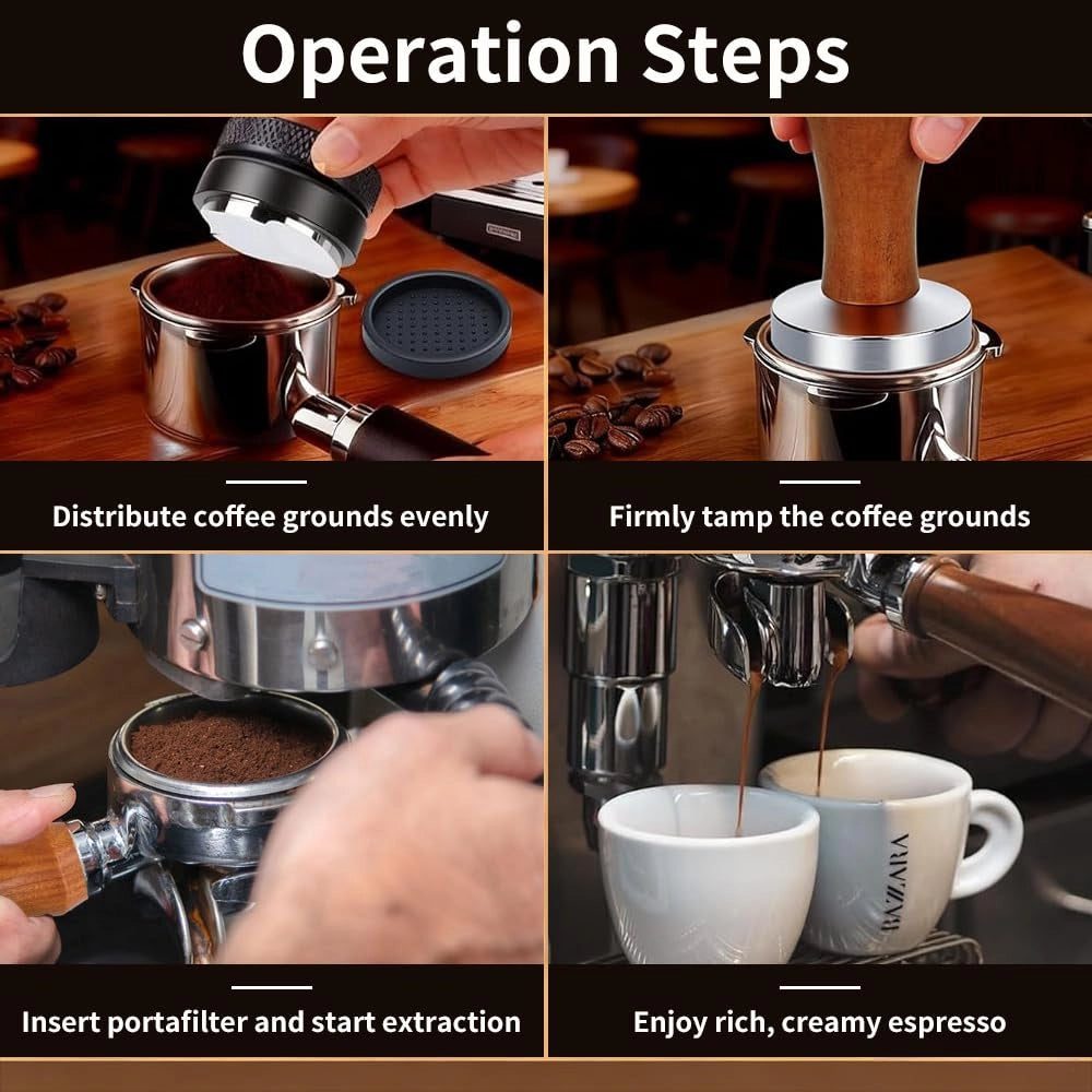 Set di pressini per caffè da 51 mm, in acciaio inossidabile, con manico in legno, composto da 4 pezzi