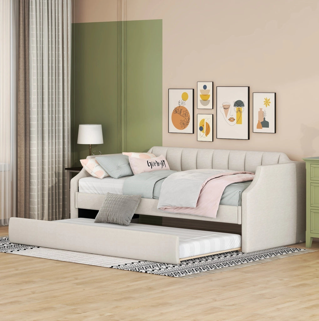 Letto da giorno imbottito IVMEU con letto estraibile 90x190 cm, letto principale 90x200 cm, beige