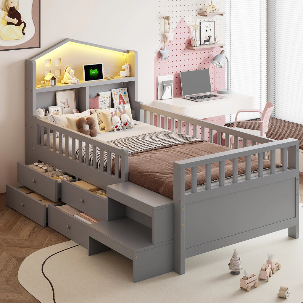 Letto per bambini 90 × 200 cm con quattro cassetti scale laterali LED porte USB e type-C in legno grigio