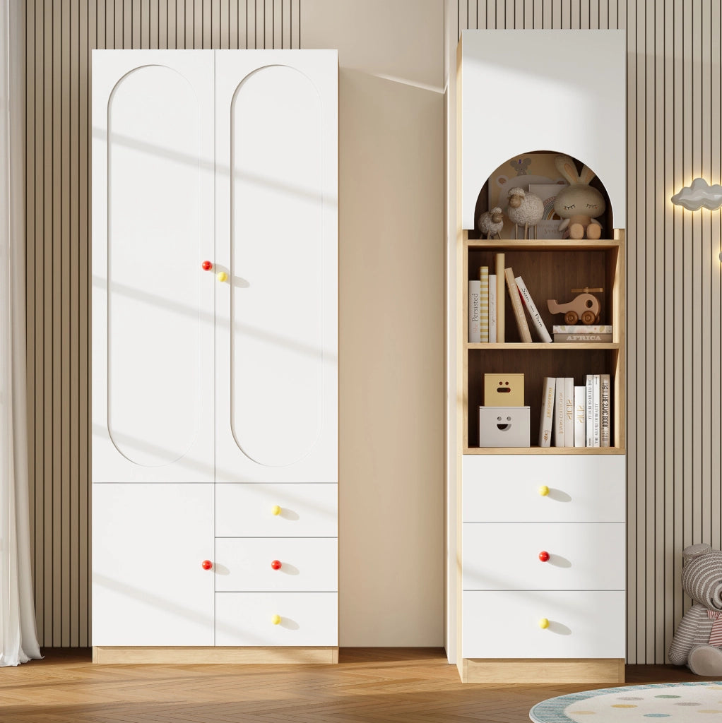 Armadio a 2 ante e scaffale con cassetti, bianco e color legno