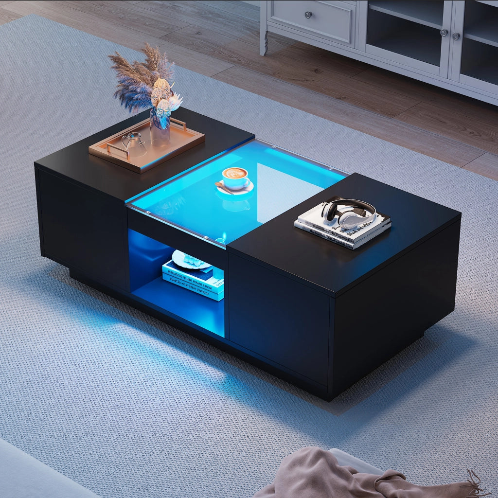 Tavolino da salotto 100 × 50 × 35,5 cm con LED controllabile tramite app 2 cassetti vetro nero in truciolare
