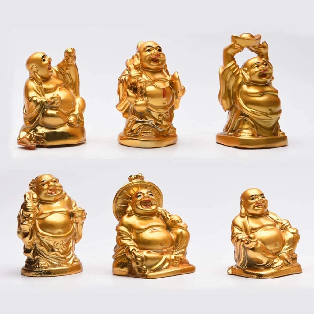 Set di 6 piccole statuette dorate di Buddha sorridente, realizzate in resina