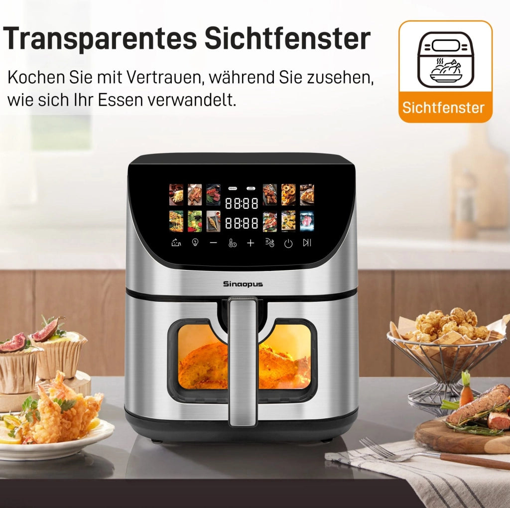Friggitrice ad aria calda XXL 8,5 L nera con oblò, display a colori, 12 programmi