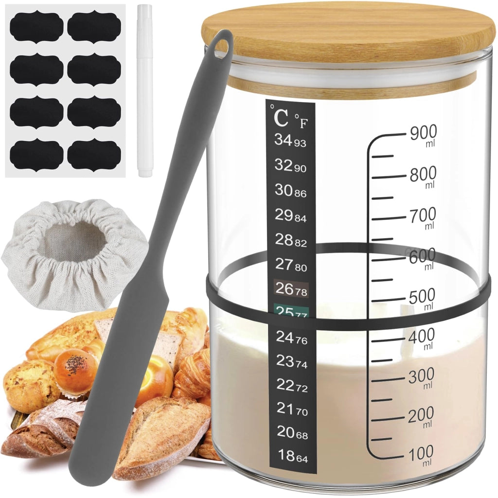Kit per lievito madre, 900 ml, contenitore in vetro con coperchio in legno, spatola, termometro