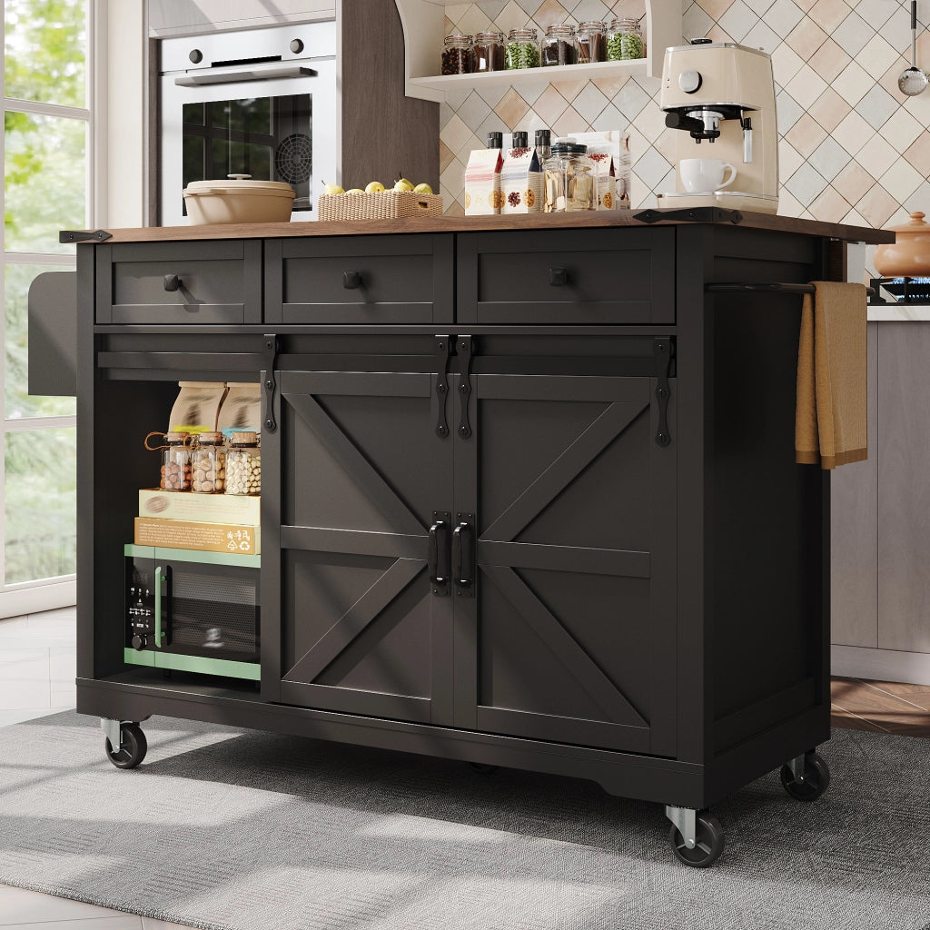 Isola cucina nera con piano pieghevole 140 cm