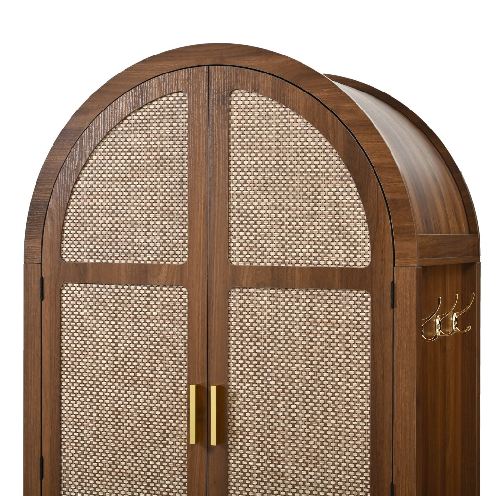 Armadio Guardaroba in Legno 80 x 50 x 180 cm con Ante Curve in Rattan Color Noce - Ideale come regalo per Halloween e Natale