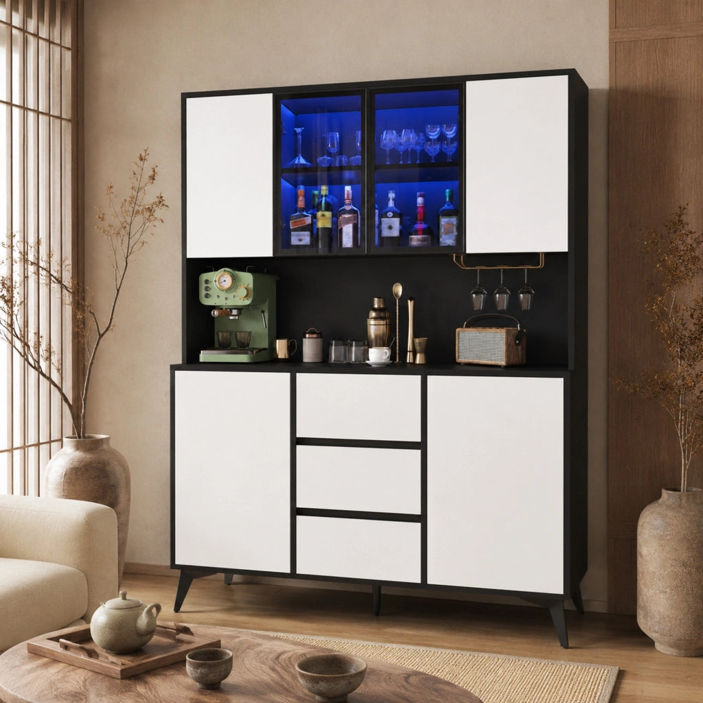 Credenza vetrina 120x40x160 cm in MDF nero e bianco con LED, cucina