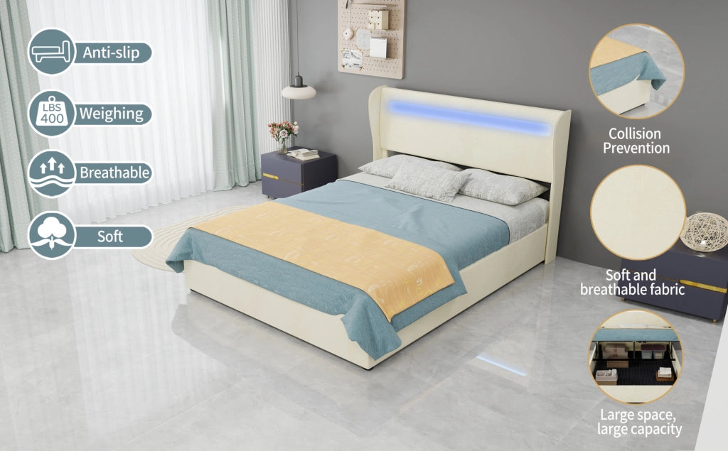 Letto contenitore adulti 140x200 cm con testiera regolabile e LED in tessuto beige per camera da letto, senza materasso