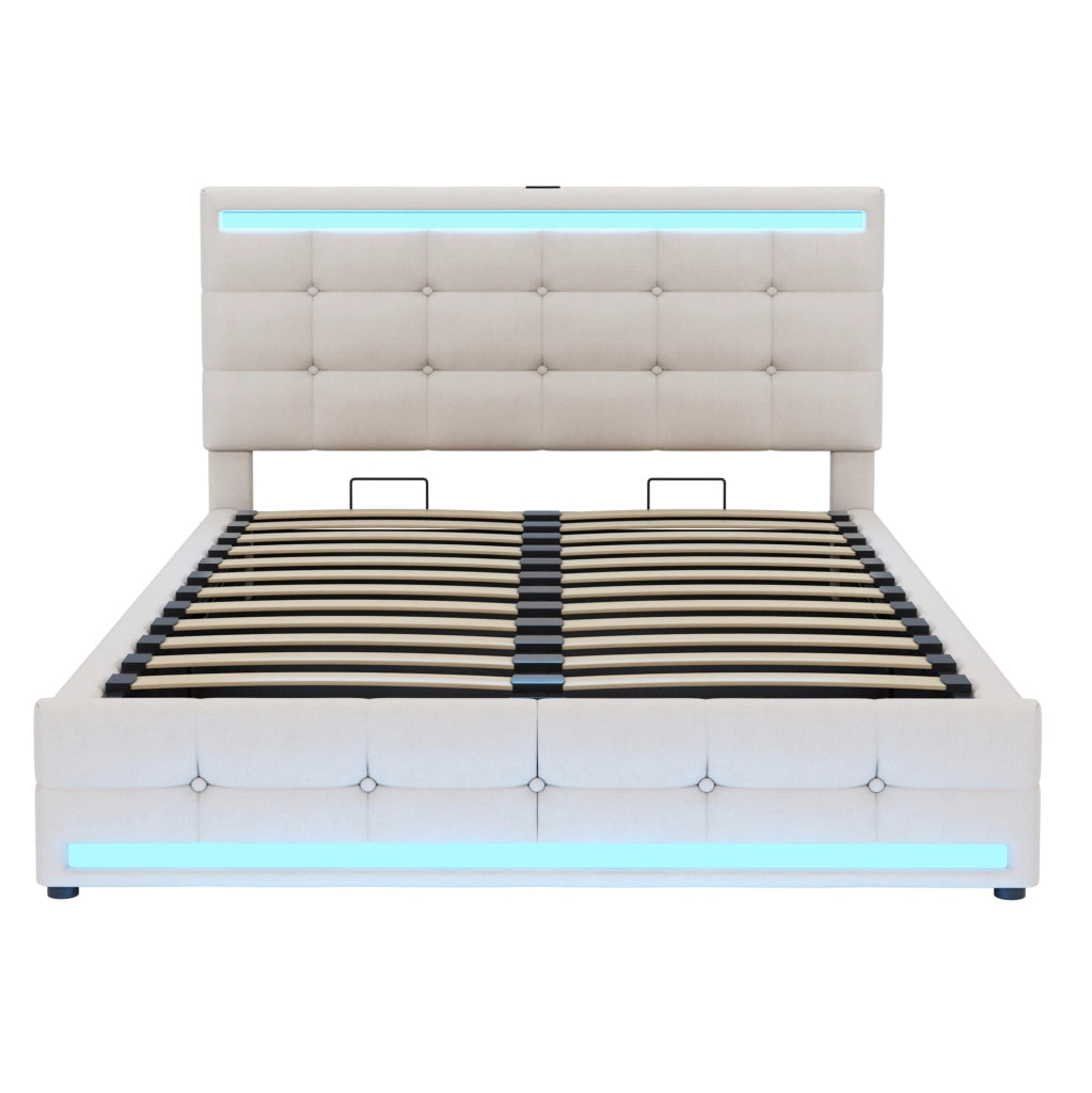 Letto matrimoniale 140x200 cm con contenitore idraulico; LED e 2 porte USB; beige