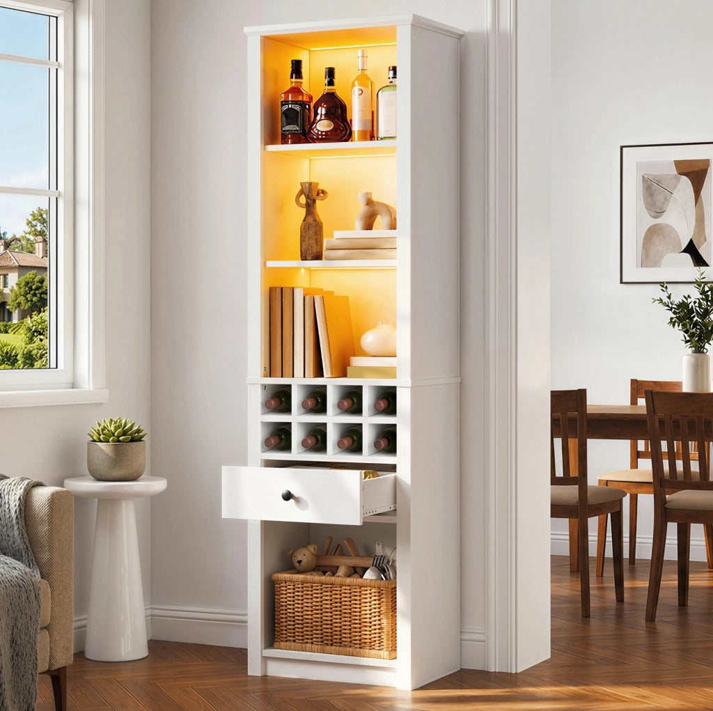 Mobile portavino aperto bianco con illuminazione e cassetto, 55 × 40 × 200 cm