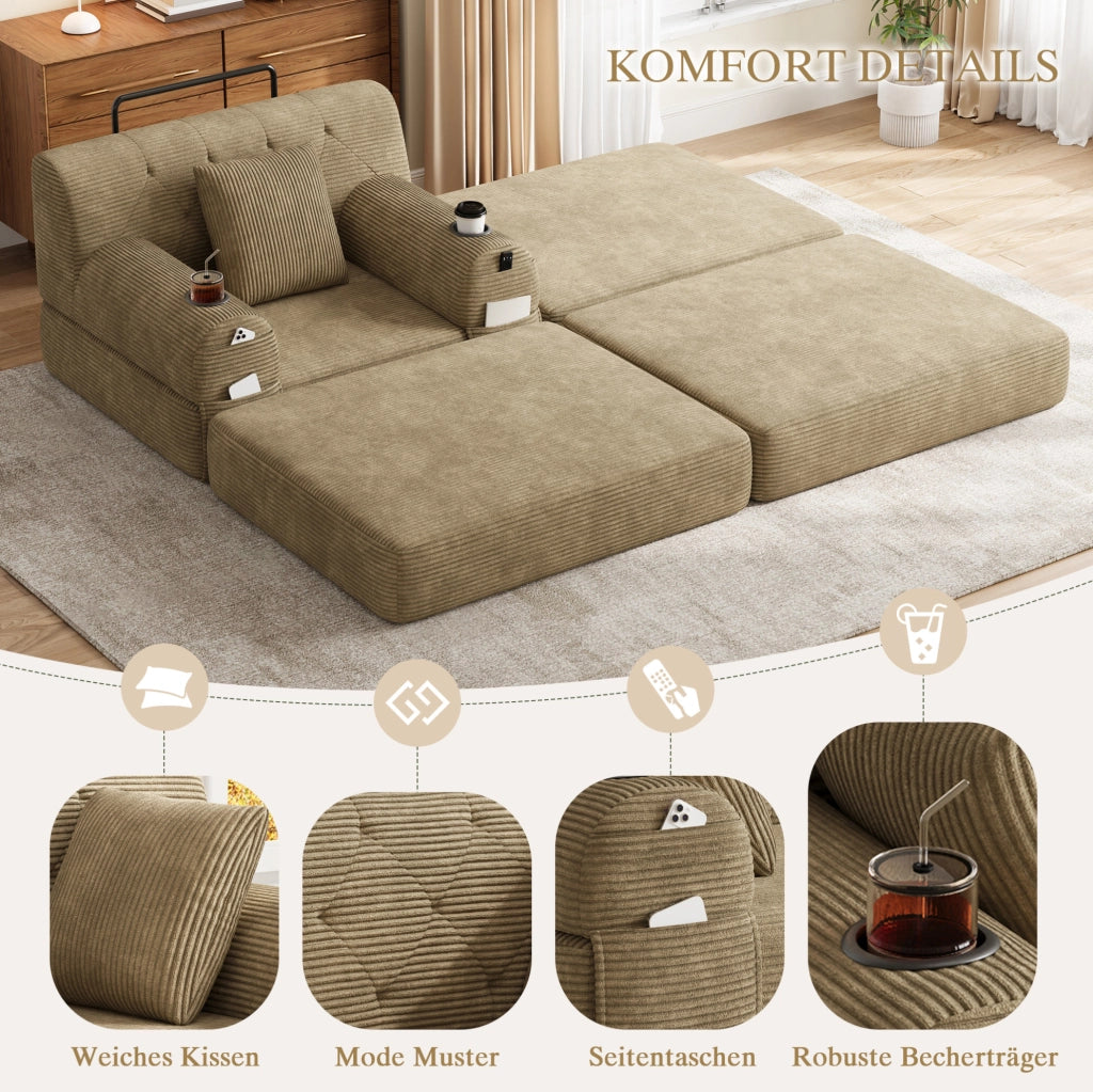 Poltrona letto in velluto a coste color cachi con tasche e portabicchieri