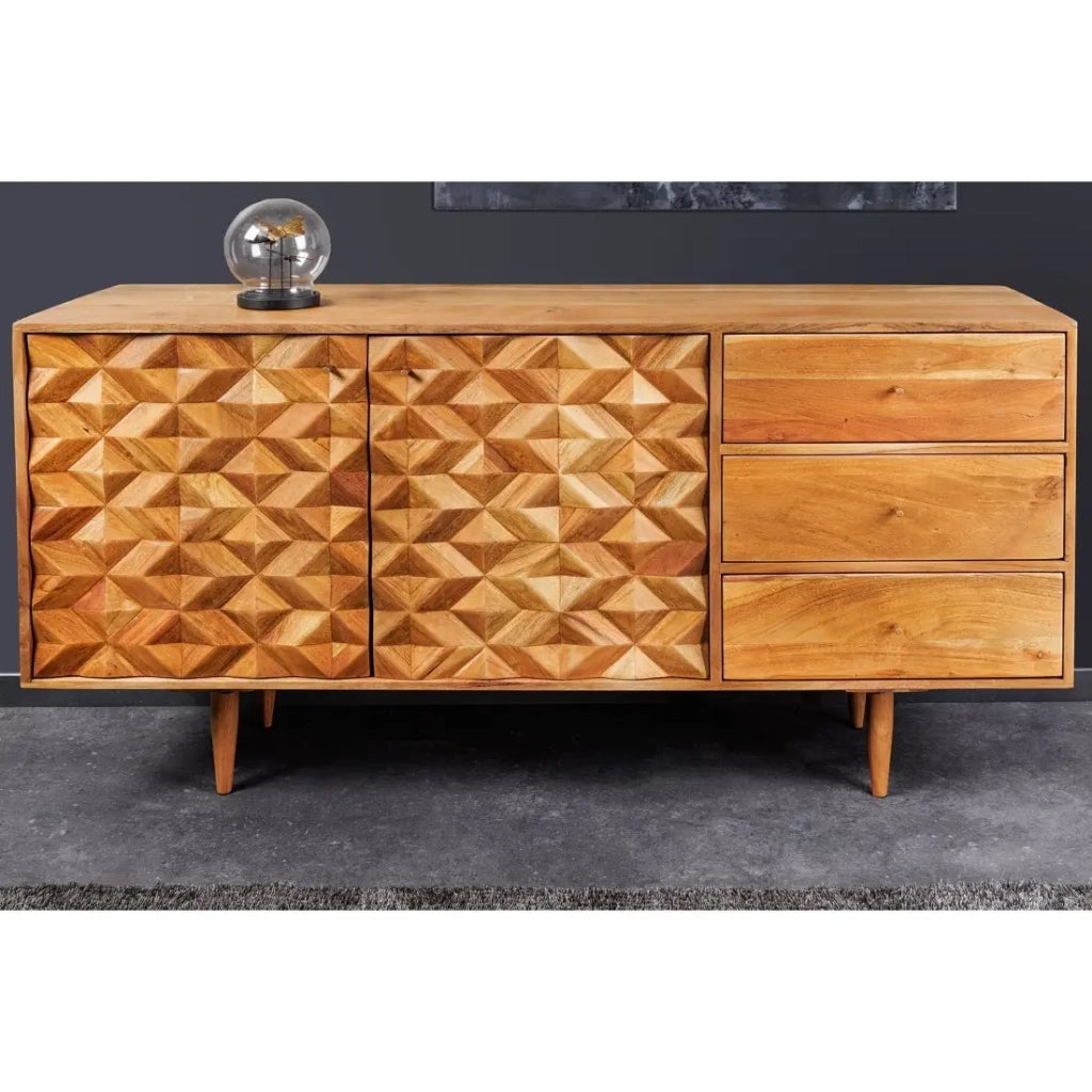 Buffet ARAVIS 145 cm – Legno massiccio di acacia chiaro scolpito – 2 porte e 3 cassetti