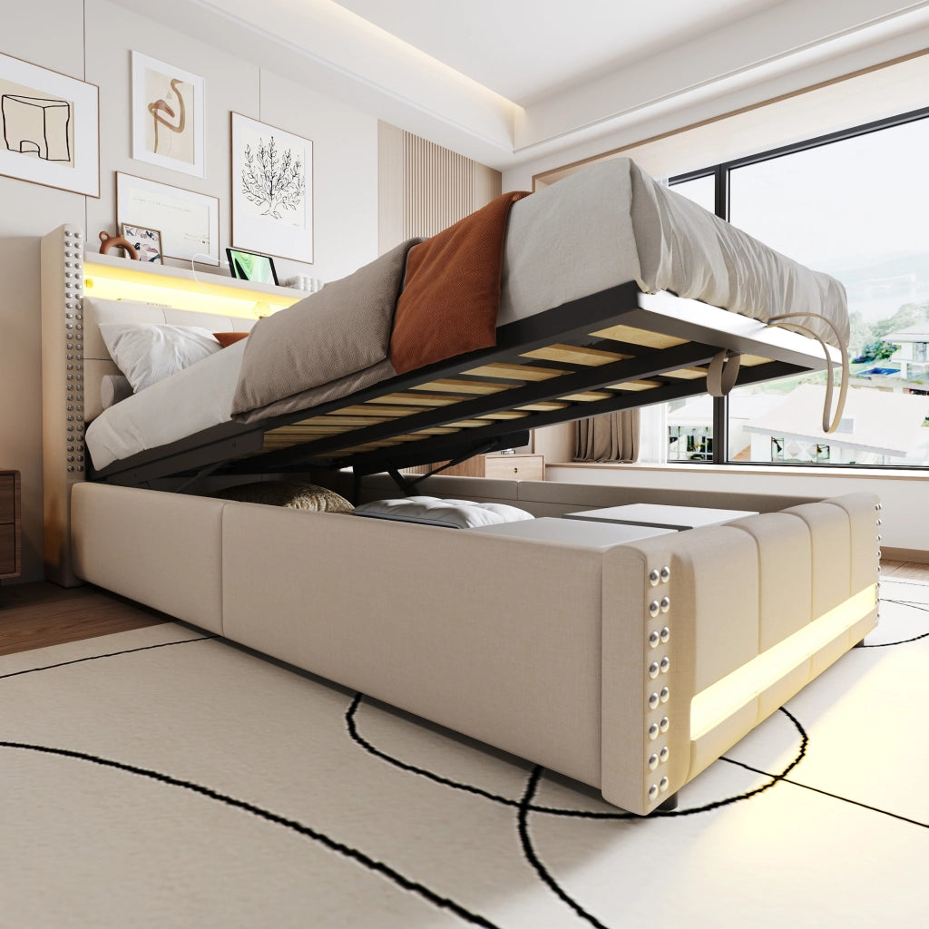 Letto singolo imbottito 90 × 200 cm con contenitore idraulico USB LED in tessuto di lino beige