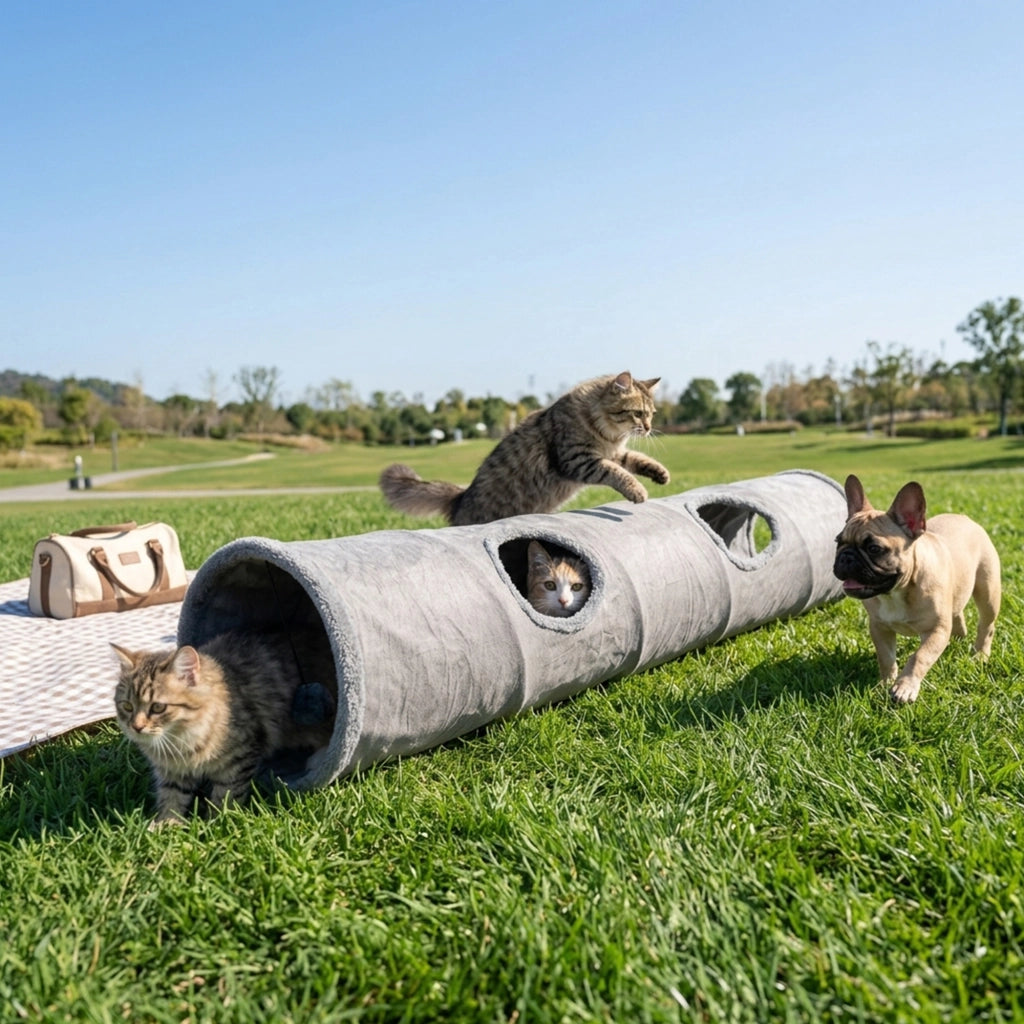Tunnel pieghevole in peluche per gatti con più aperture e pallina