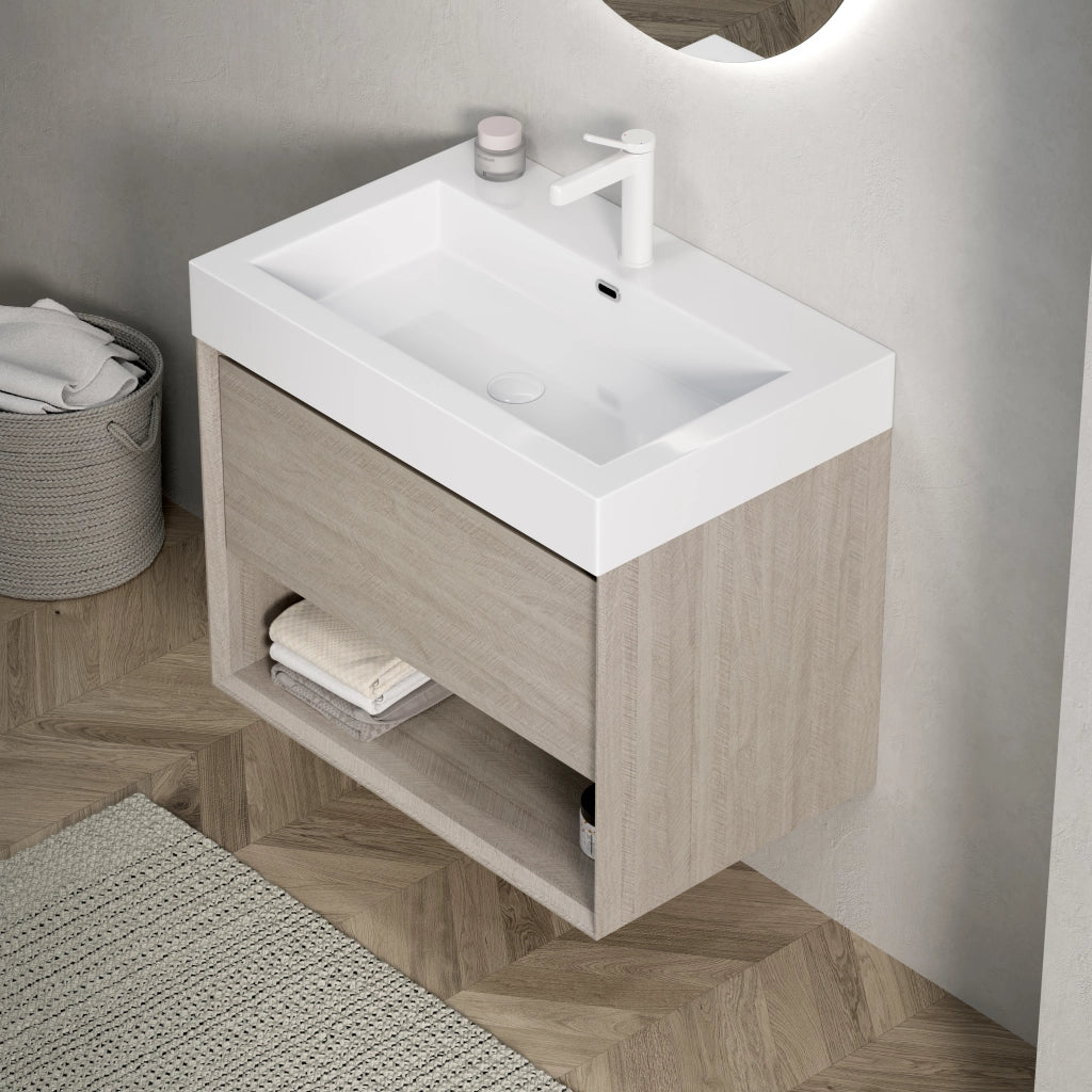 Mobile bagno con lavabo integrato in resina cassetto e ripiano aperto rovere chiaro bianco premontato