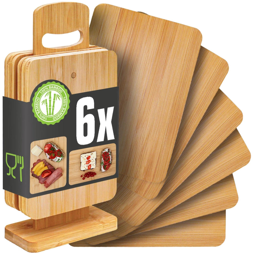 6 taglieri in bambù da 22x15 cm con supporto, ideali per servire