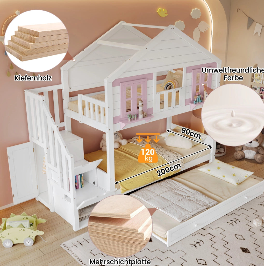 Letto a castello per bambini 90x200 cm con letto estraibile; pino e MDF; bianco e rosa
