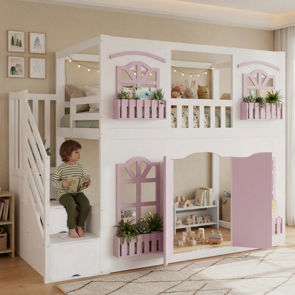 Letto a soppalco per bambini 90 x 200 cm in legno; bianco e rosa; scala contenitore e area giochi