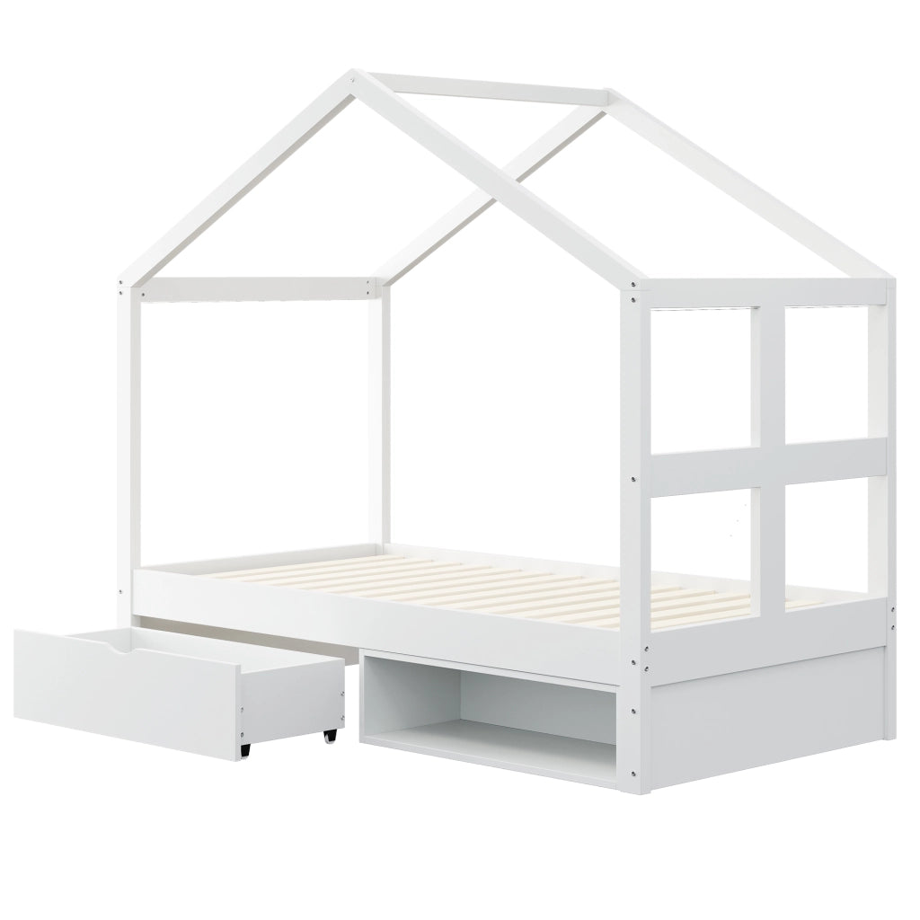 Letto singolo a casetta 90 × 190 cm con cassetti scarpiera LED multicolore in legno bianco con rete a doghe