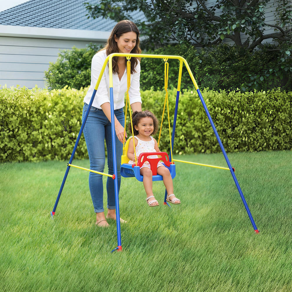 Altalena da giardino per bambini in acciaio e PP regolabile pieghevole con schienale blu 128x155x157 cm