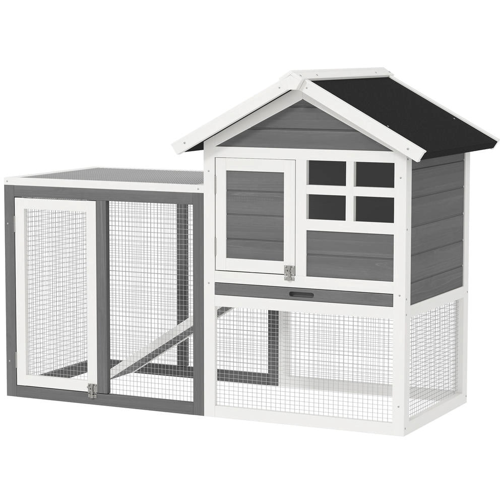 Conigliera da Esterno a 2 Piani in Legno con Rampa, Vassoio Estraibile e Tetto in Bitume 123,5x62,6x92,5 cm Grigio e Bianco