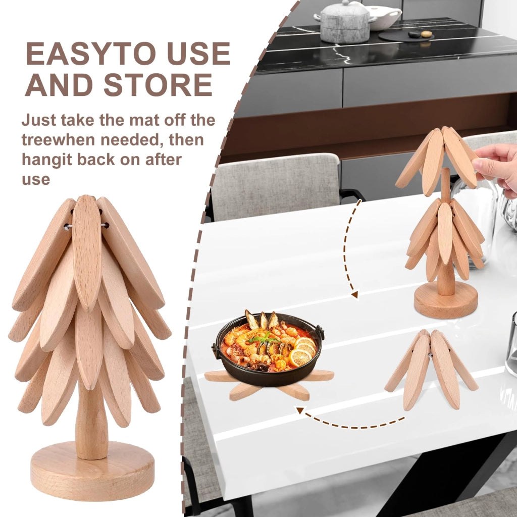 Set di 4 sottobicchieri in legno, forma a albero, pieghevoli, 20 cm, noce