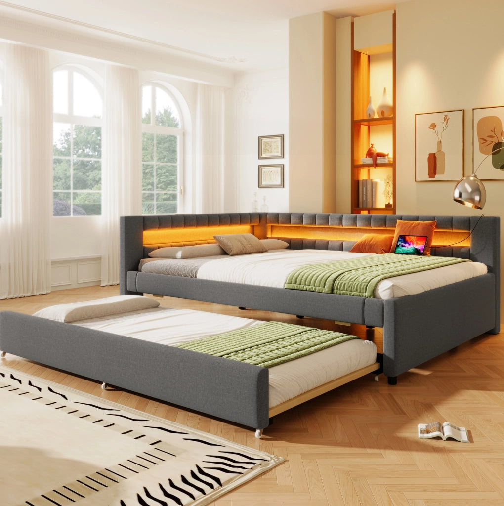 Letto Daybed con letto estraibile 140x200 cm in lino grigio con striscia LED, USB e TYPE-C