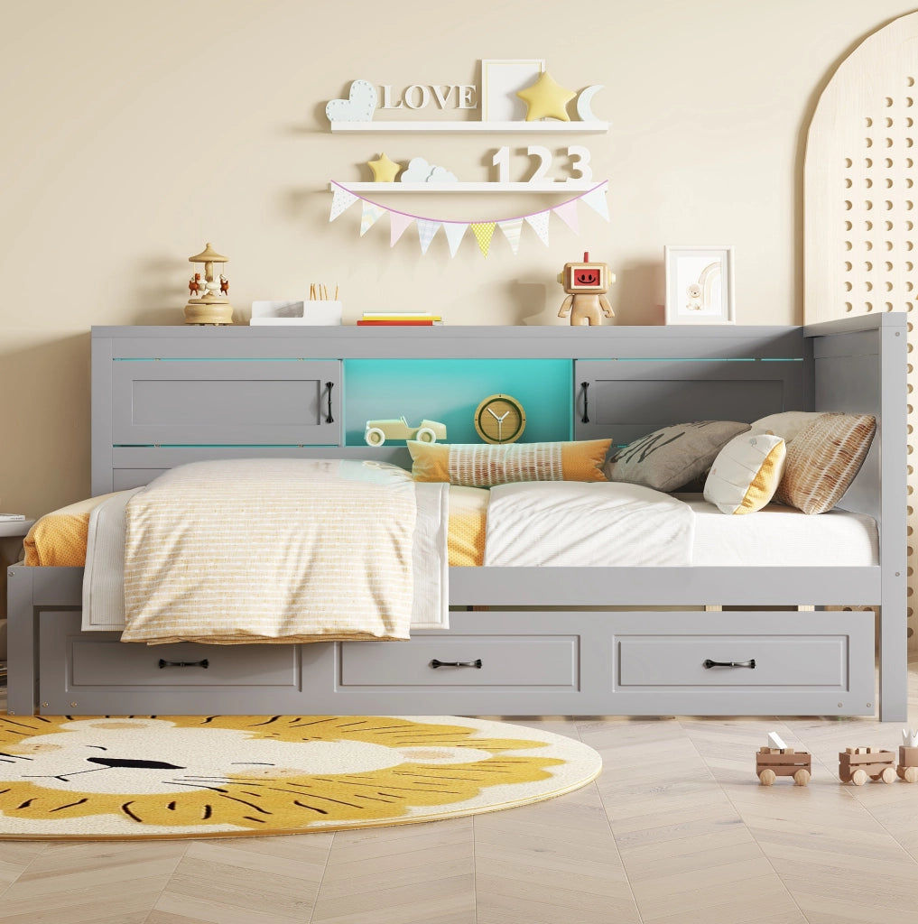 Divano letto 204,5x117,4x91,5 cm con letto estraibile, contenitore, LED e USB in truciolato grigio