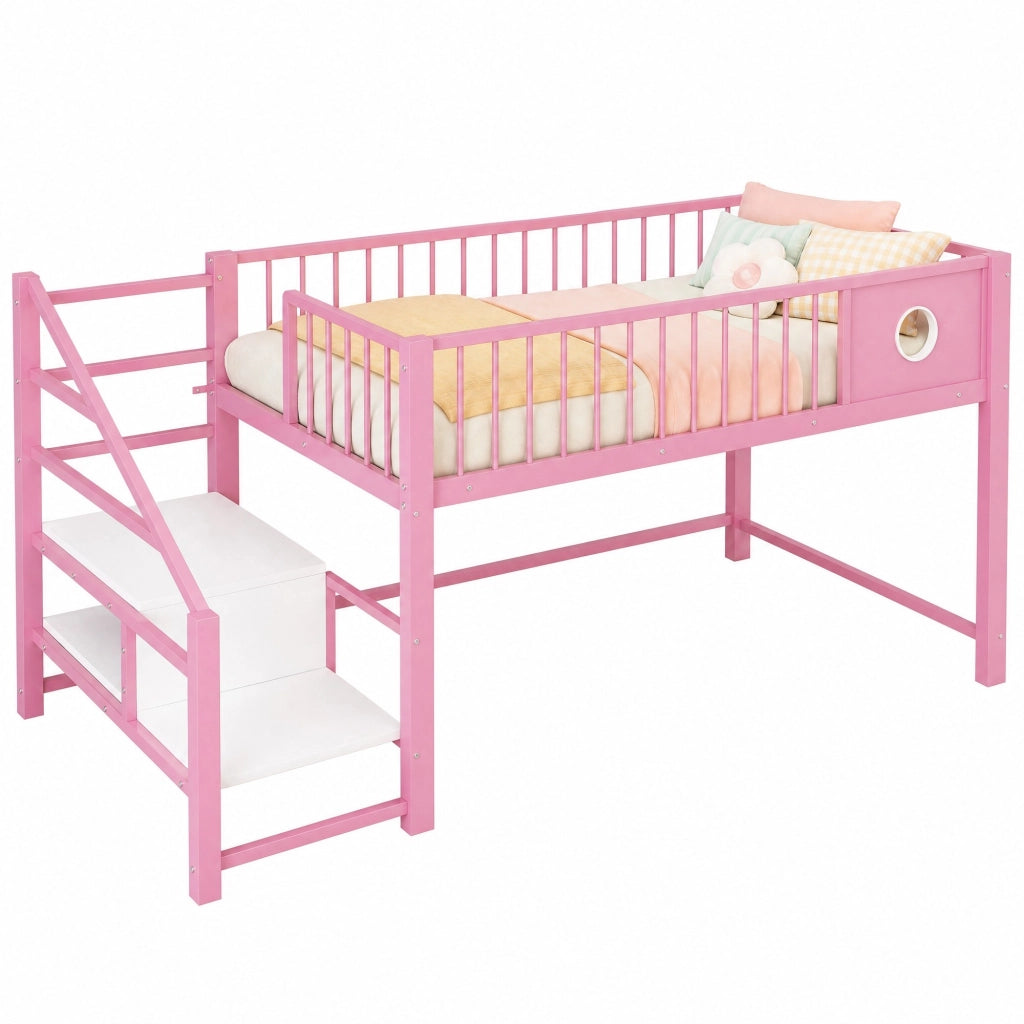 Letto a soppalco basso per bambini 90 × 200 cm con scala contenitore in metallo rosa salvaspazio