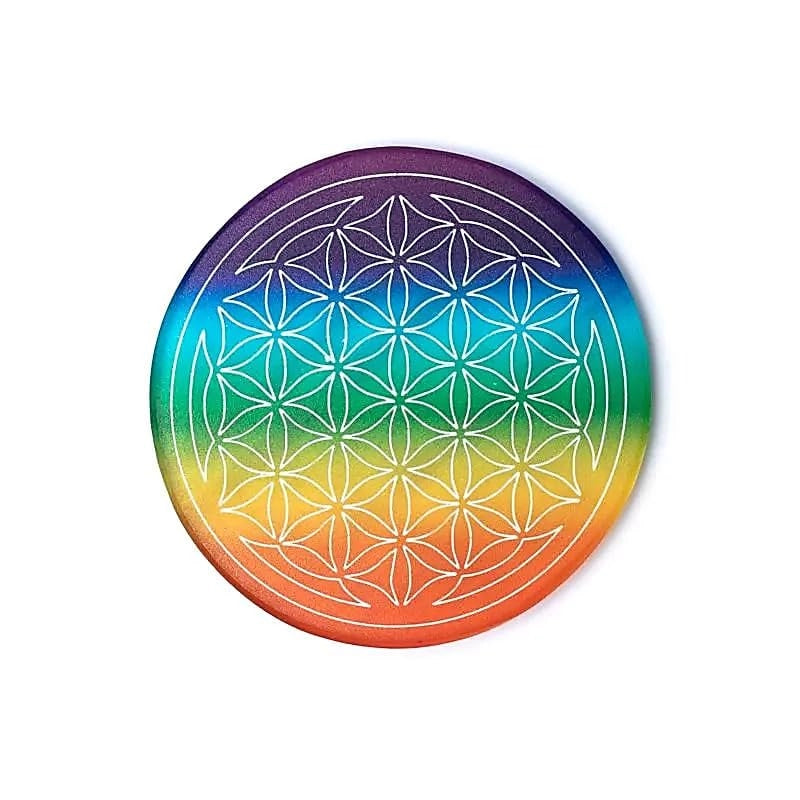 Piastra di ricarica in selenite a forma di "Fiore della Vita", diametro 9 cm, rotonda